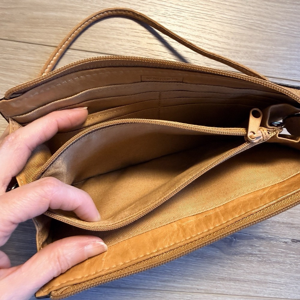 Nordstrom Tan Leather Zippered Clutch with Multiple Compartments and Strap - Picture 6 of 11